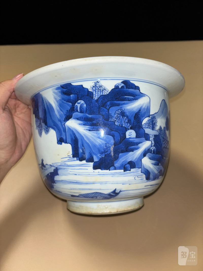 清康熙 青花山水人物纹花盆 - 图5